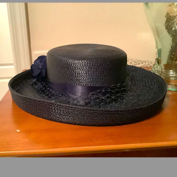 Dark Navy/Black medium brim  hat with flowers, netting and bows details on top main image 6